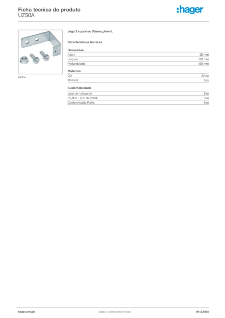 Imagem Hager Ficha técnica do produto UZ50A | Hager Portugal