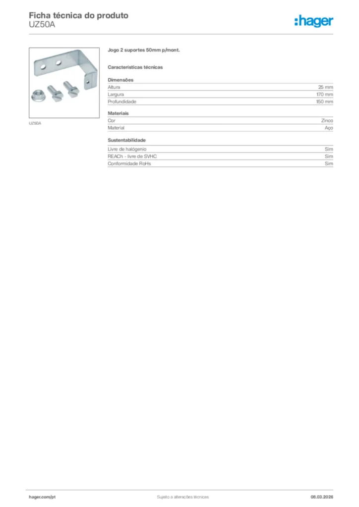 Imagem Hager Ficha técnica do produto UZ50A | Hager Portugal