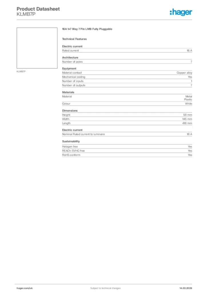 Image Hager Product data sheet KLMB7P  | Hager