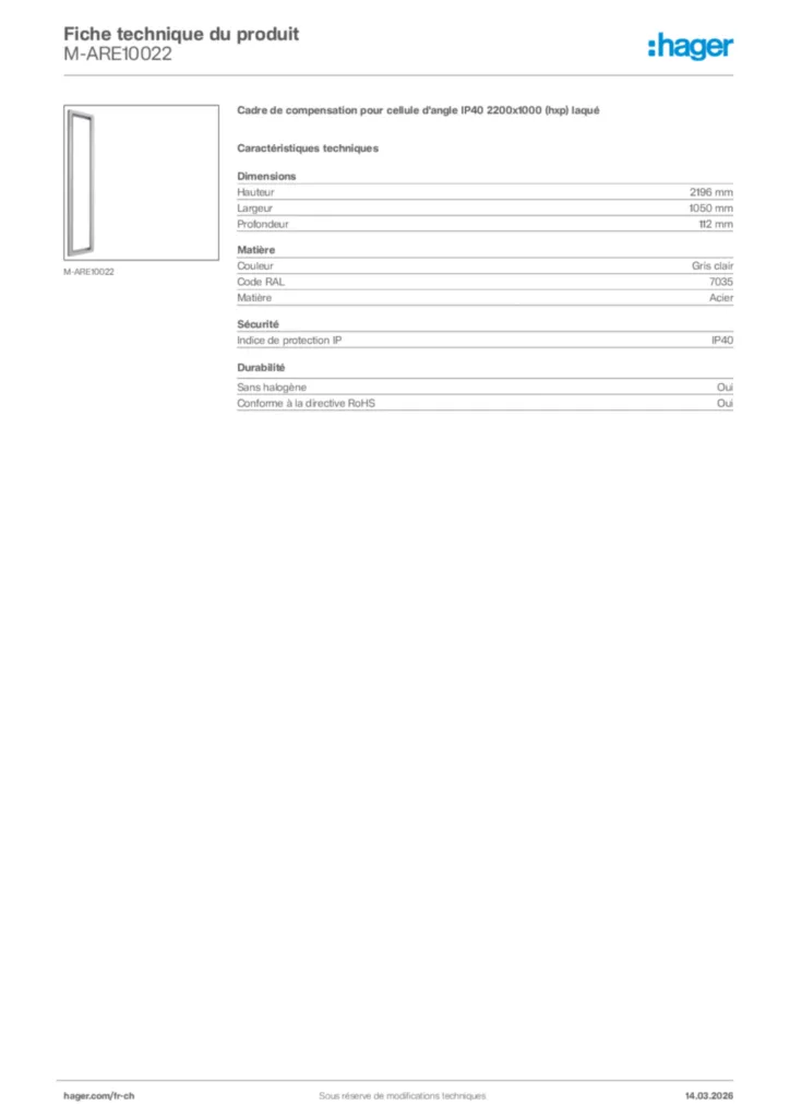 Image Hager Fiche technique du produit M-ARE10022 | Hager Suisse