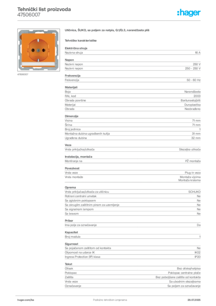 Slika Hager Product data sheet 47506007  | Hager