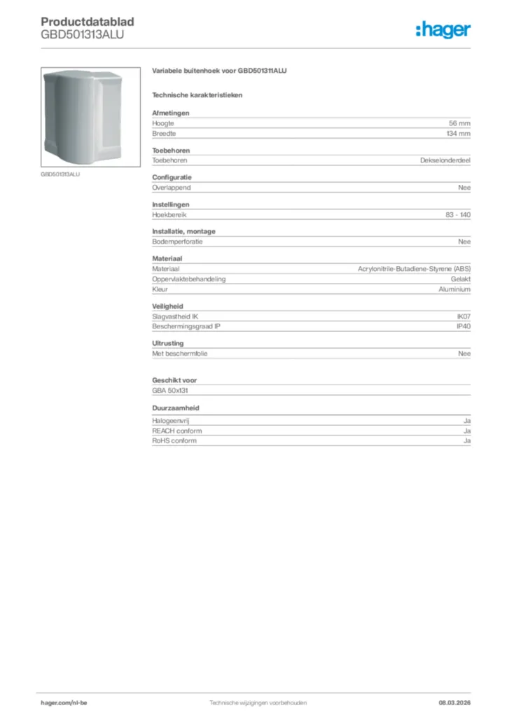 Afbeelding Hager Productdatablad GBD501313ALU | Hager Belgium