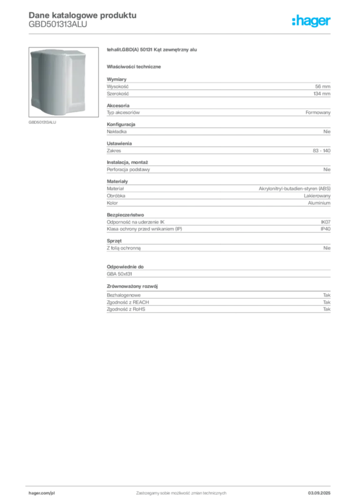 Zdjęcie Hager Karta katalogowa GBD501313ALU | Hager Polska