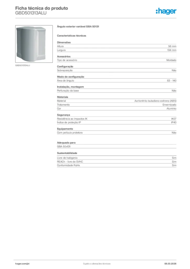 Imagem Hager Ficha técnica do produto GBD501313ALU | Hager Portugal