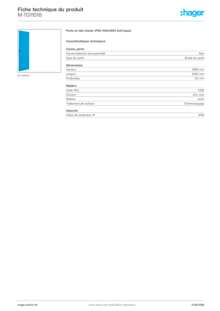 Image Hager Fiche technique du produit M-TG11018 | Hager Suisse