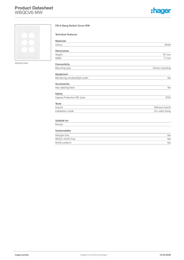 Image Hager Product data sheet WBQCV6-MW  | Hager Australia