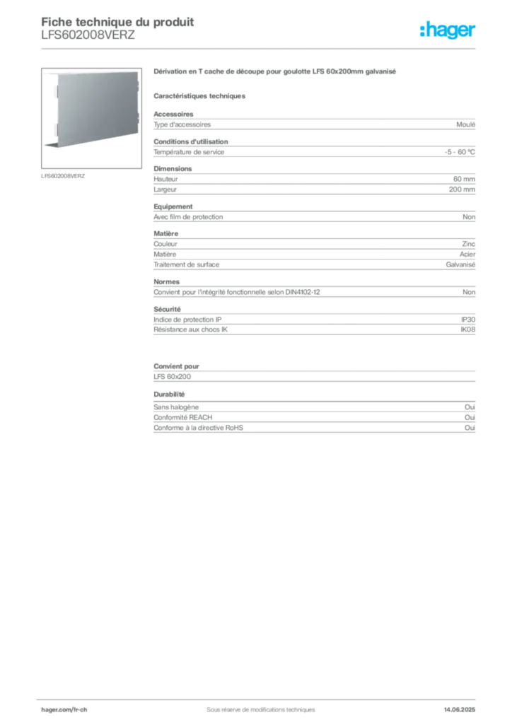 Image Hager Fiche technique du produit LFS602008VERZ | Hager Suisse