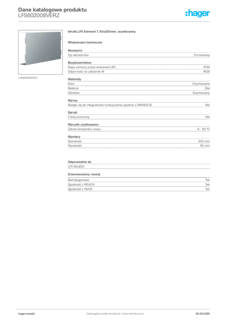 Zdjęcie Hager Karta katalogowa LFS602008VERZ | Hager Polska