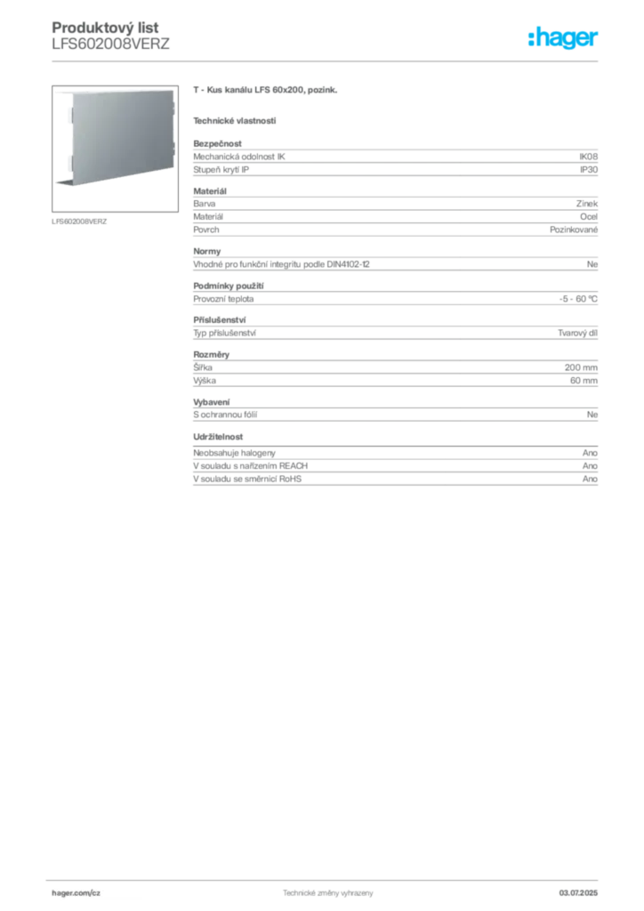 Obrázek Hager Produktový list LFS602008VERZ | Hager