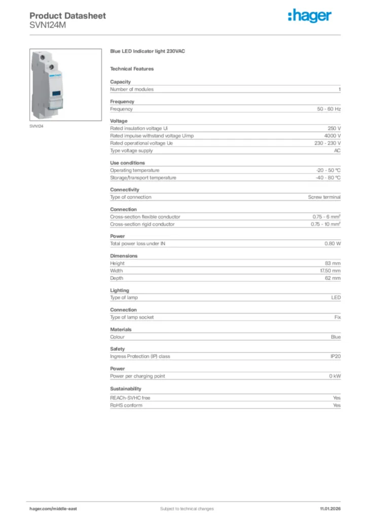Image Hager Product data sheet SVN124M  | Hager