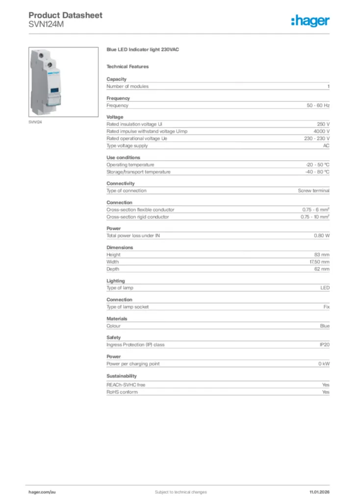 Image Hager Product data sheet SVN124M  | Hager Australia