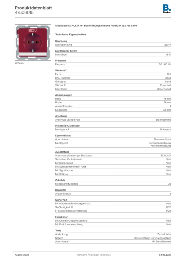 Bild Berker Produktdatenblatt 47506015 | Hager Deutschland
