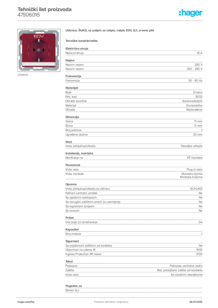 Slika Hager Product data sheet 47506015  | Hager