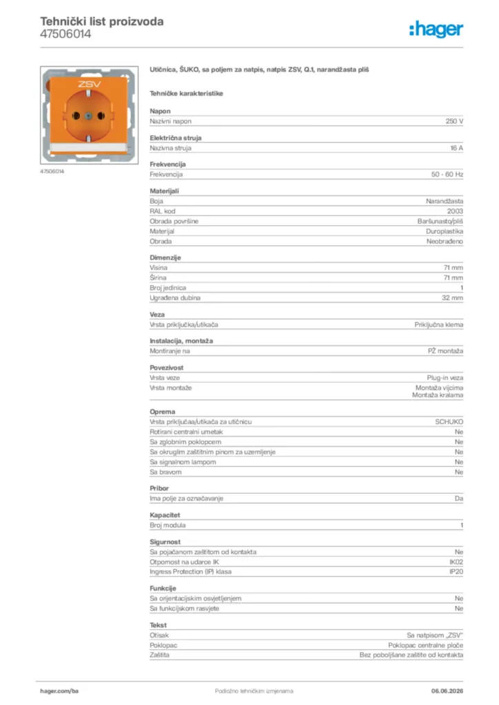 Slika Hager Tehnički list proizvoda 47506014  | Hager