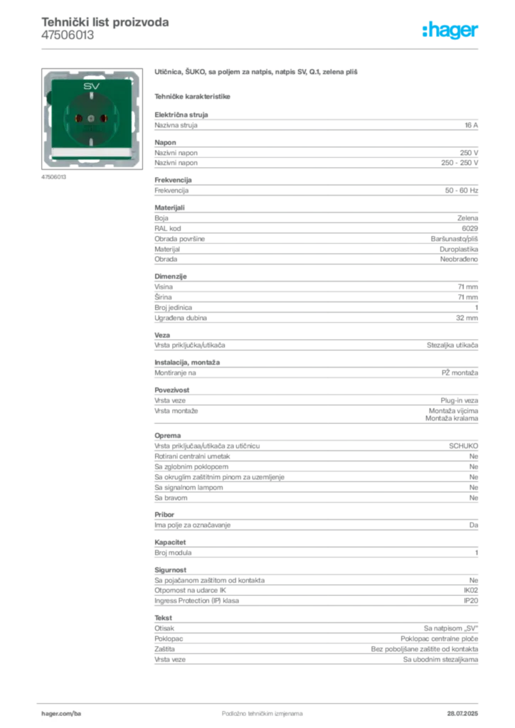 Slika Hager Product data sheet 47506013  | Hager