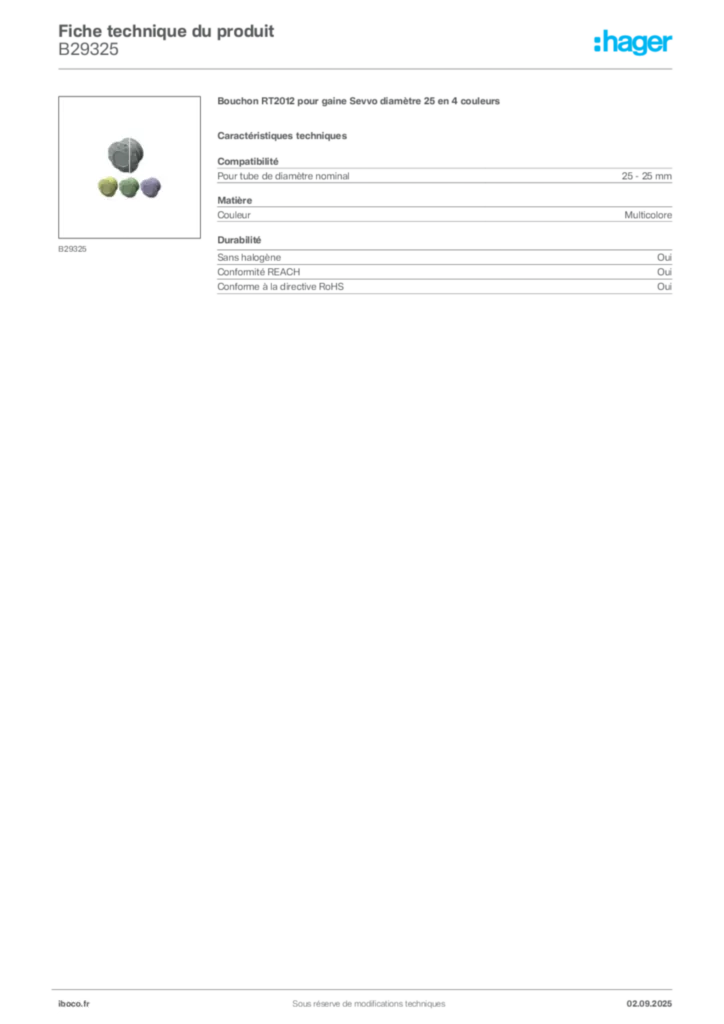 Image Iboco Fiche technique du produit B29325 | Hager France