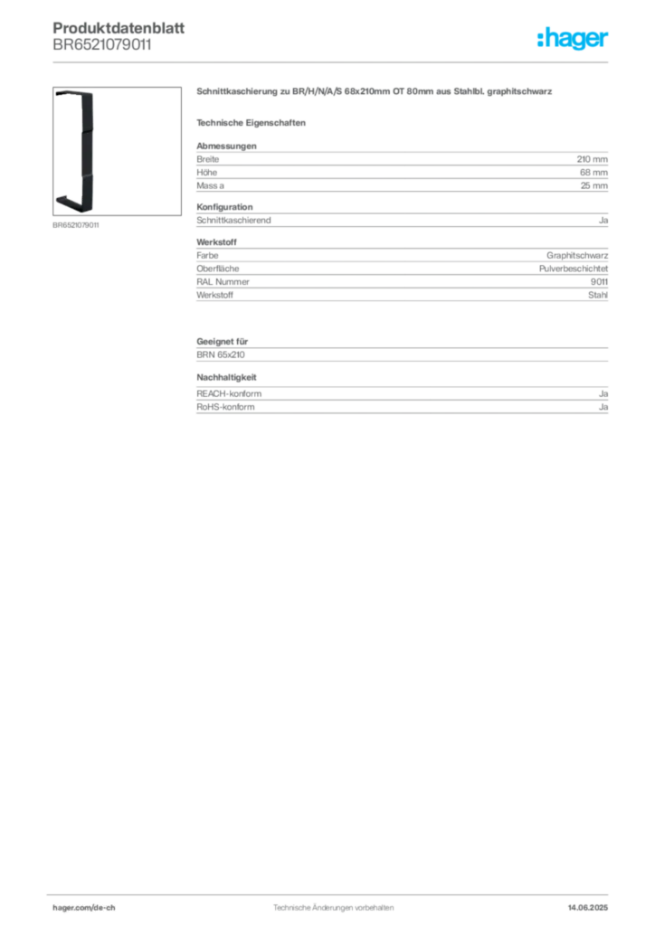 Bild Hager Produktdatenblatt BR6521079011 | Hager Schweiz