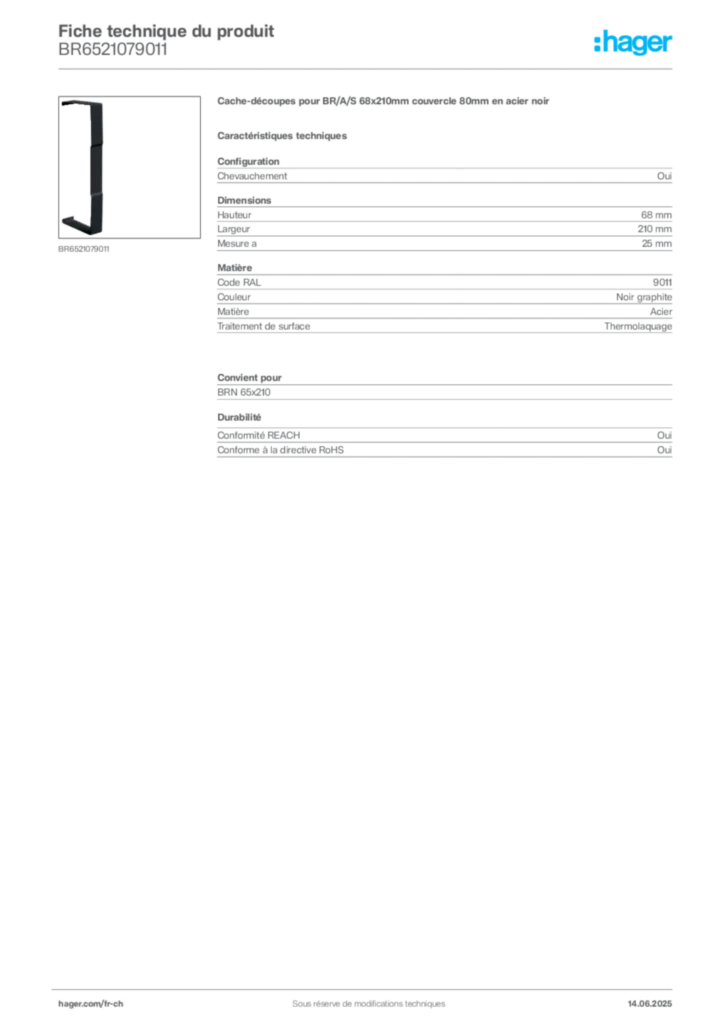 Image Hager Fiche technique du produit BR6521079011 | Hager Suisse