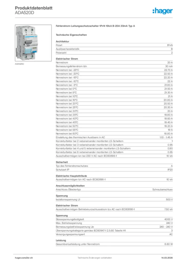 Bild Hager Produktdatenblatt ADA520D | Hager Schweiz