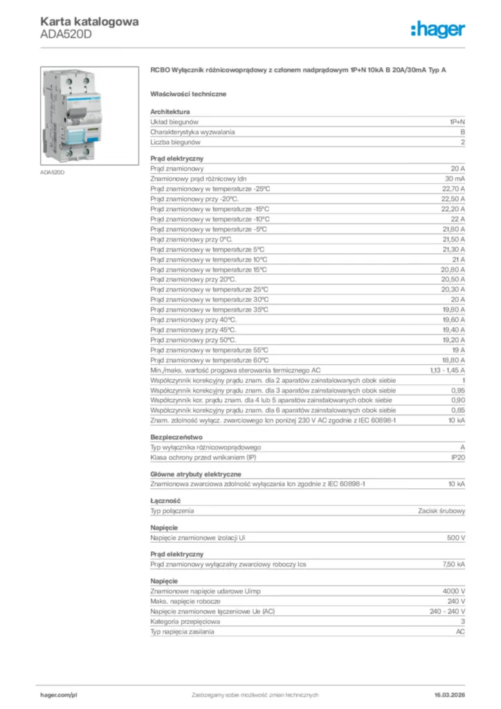 Zdjęcie Hager Karta katalogowa ADA520D | Hager Polska