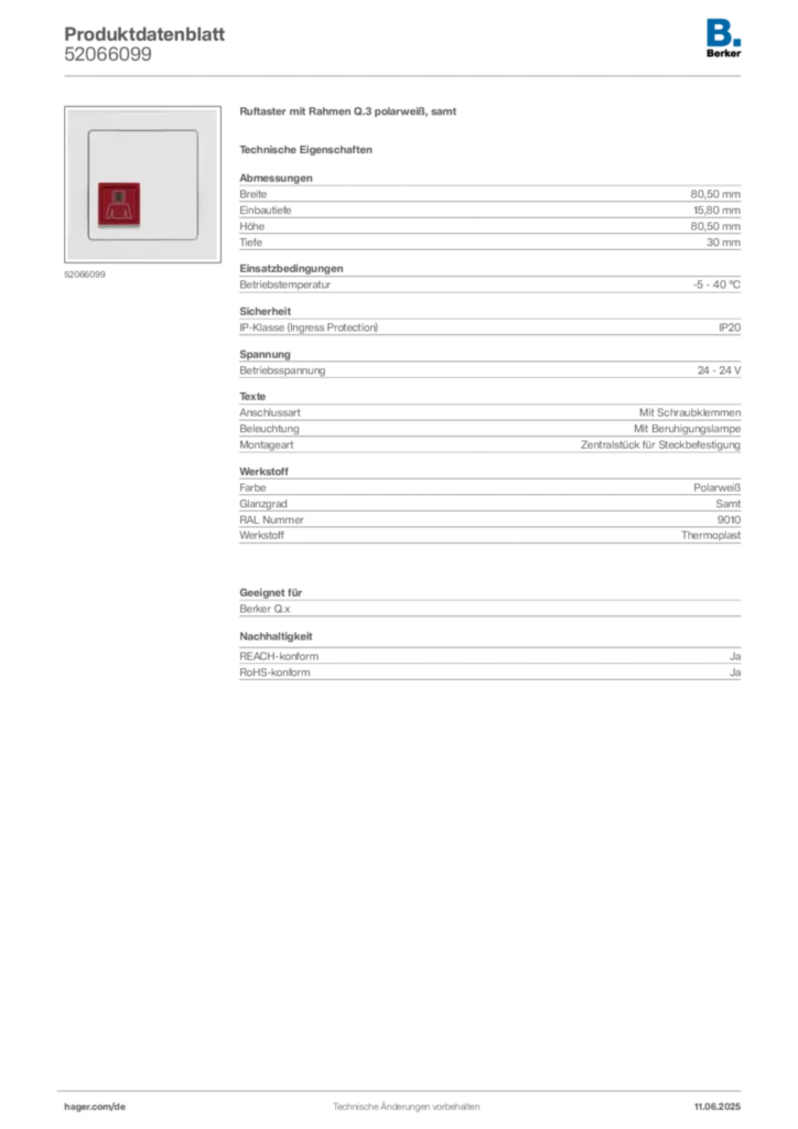 Bild Berker Produktdatenblatt 52066099 | Hager Deutschland