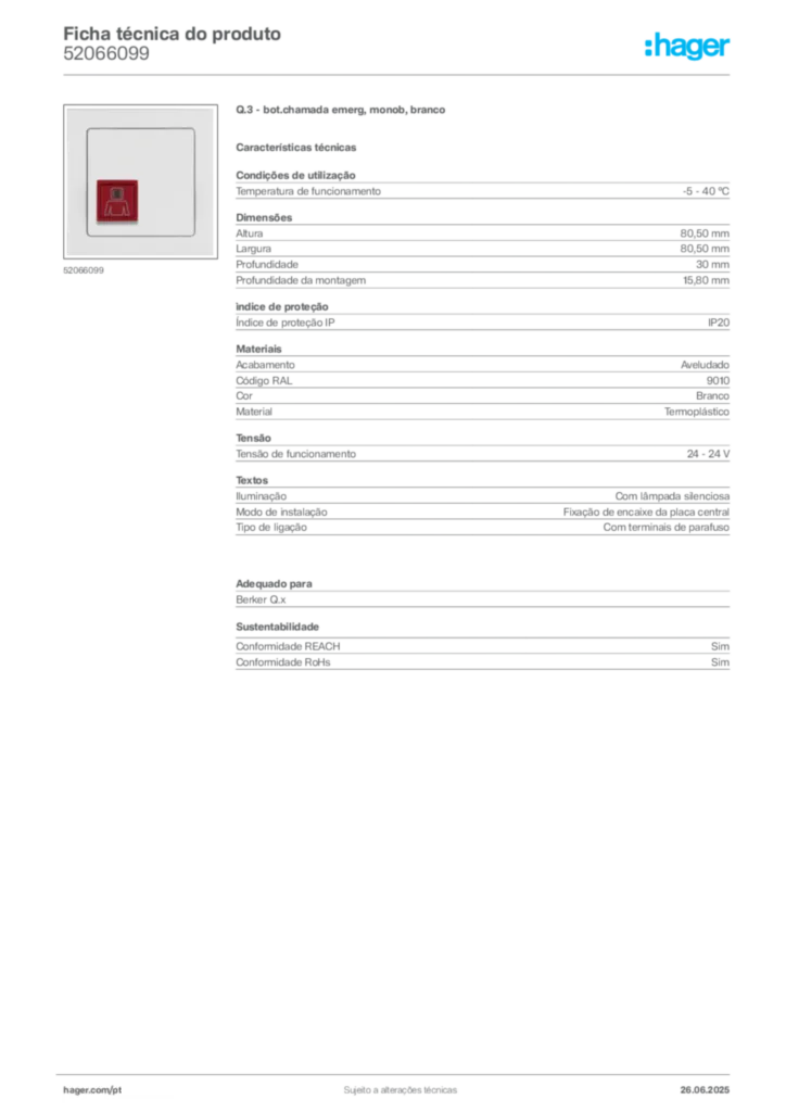 Imagem Hager Ficha técnica do produto 52066099 | Hager Portugal