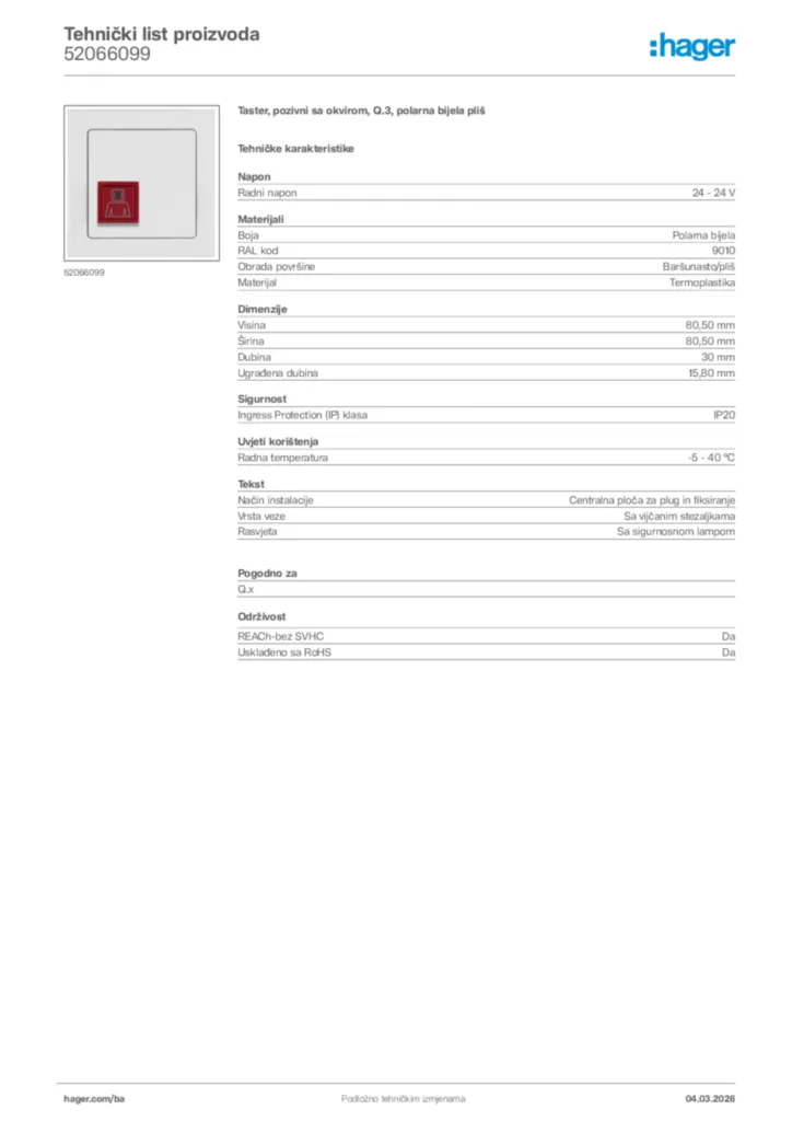 Slika Hager Tehnički list proizvoda 52066099  | Hager