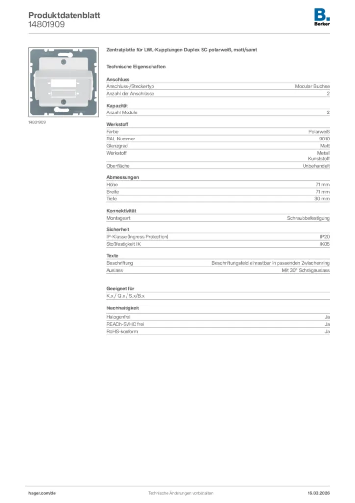 Bild Berker Produktdatenblatt 14801909 | Hager Deutschland