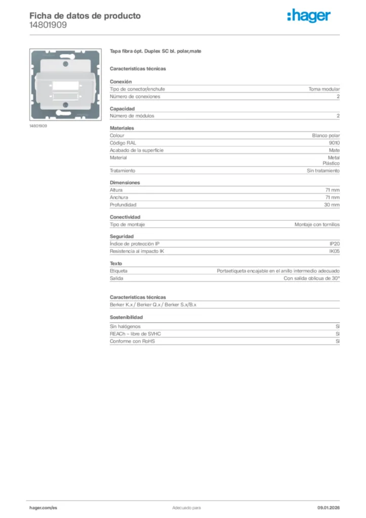Imagen Hager Ficha de datos de producto 14801909 | Hager España