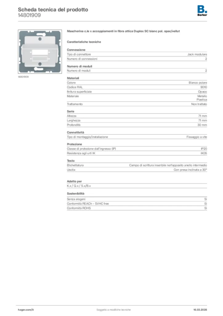 Immagine Berker Scheda tecnica del prodotto 14801909 | Hager Italia
