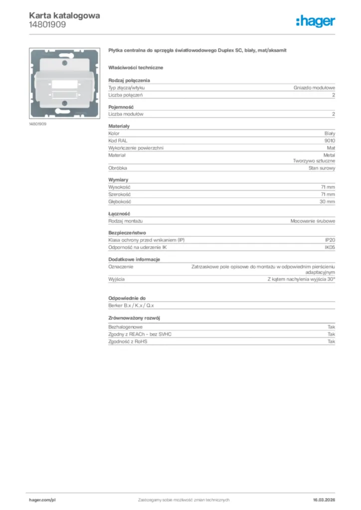 Zdjęcie Hager Karta katalogowa 14801909 | Hager Polska