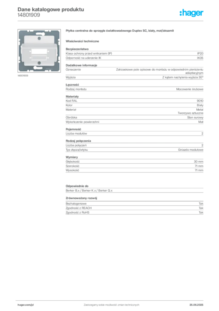 Zdjęcie Hager Karta katalogowa 14801909 | Hager Polska