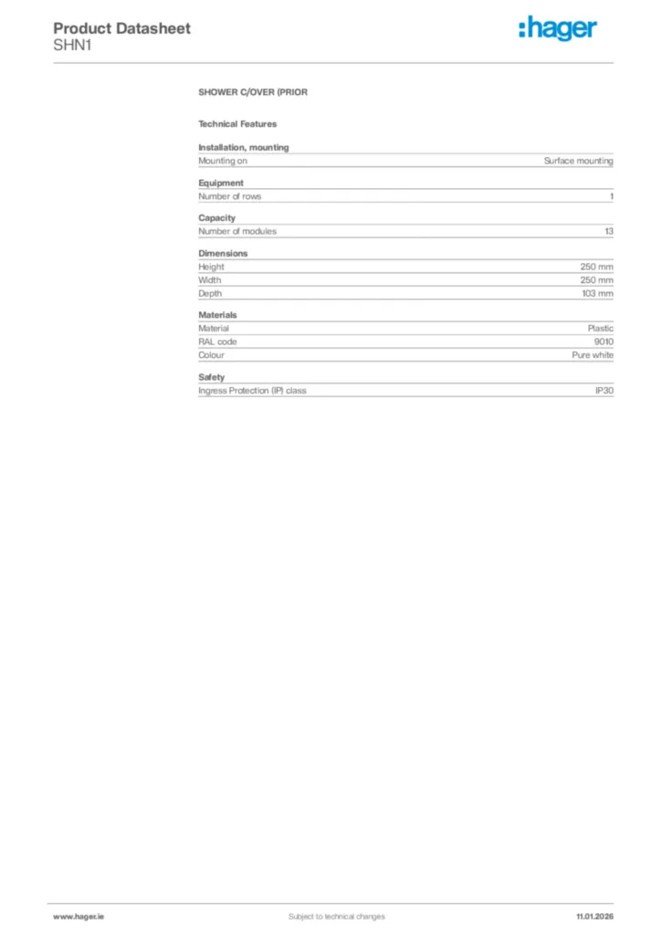 Image Hager Product data sheet SHN1  | Hager