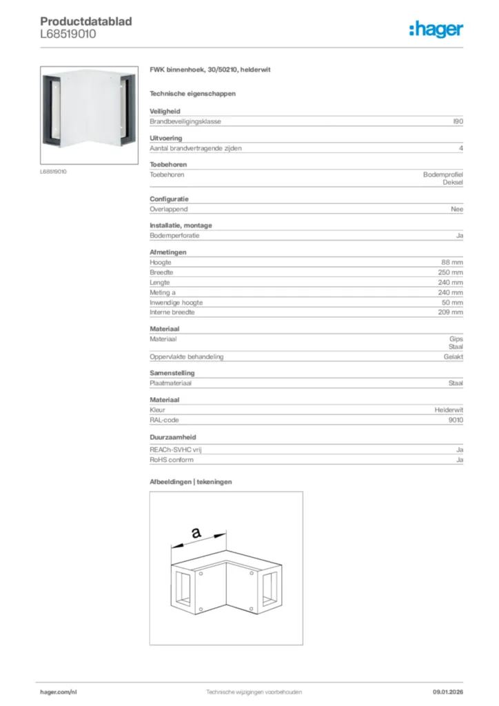 Afbeelding Hager Productdatablad L68519010 | Hager Nederland
