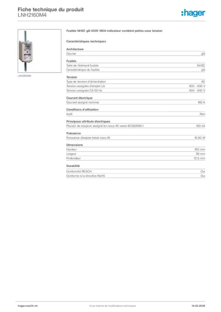 Image Hager Fiche technique du produit LNH2160M4 | Hager Suisse