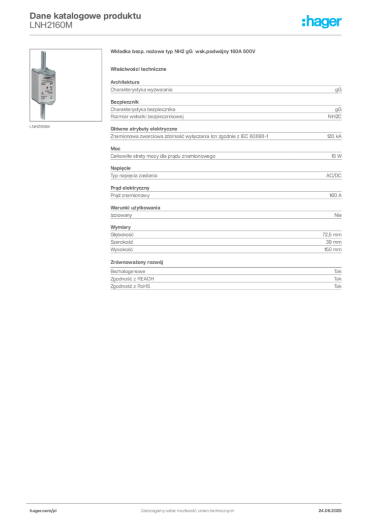 Zdjęcie Hager Karta katalogowa LNH2160M | Hager Polska