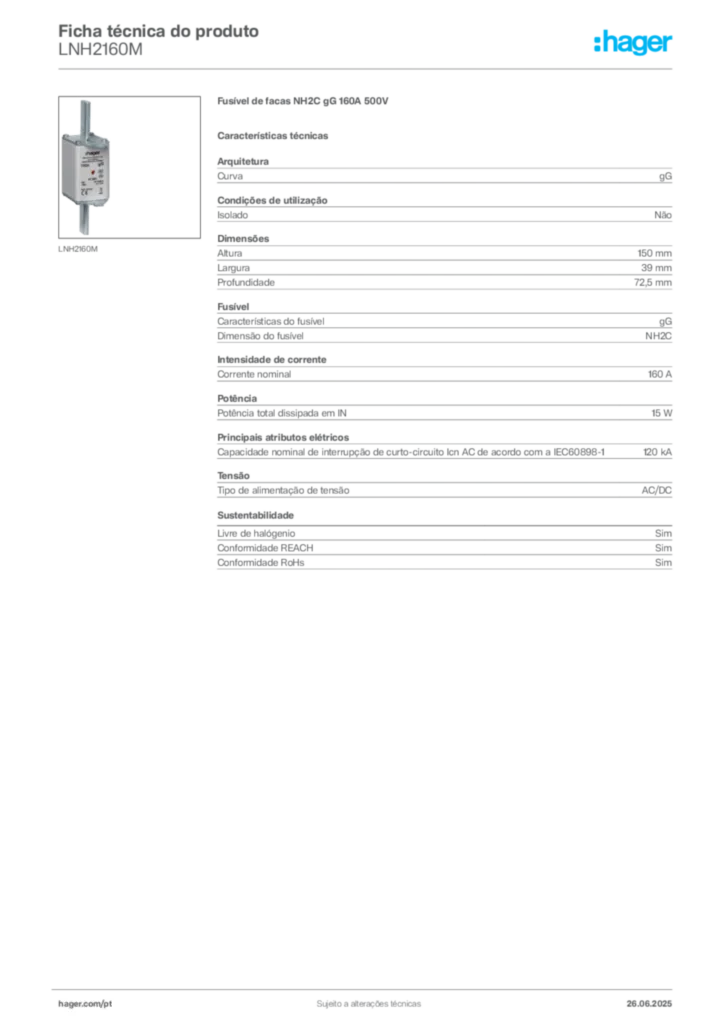 Imagem Hager Ficha técnica do produto LNH2160M | Hager Portugal