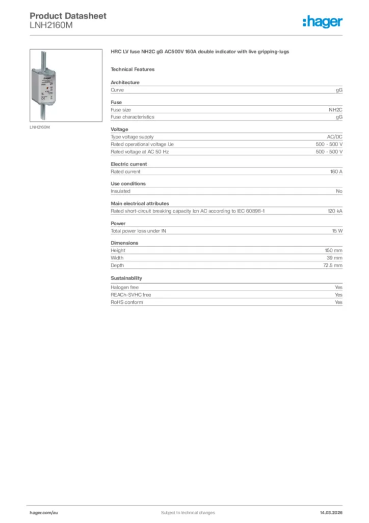 Image Hager Product data sheet LNH2160M  | Hager Australia