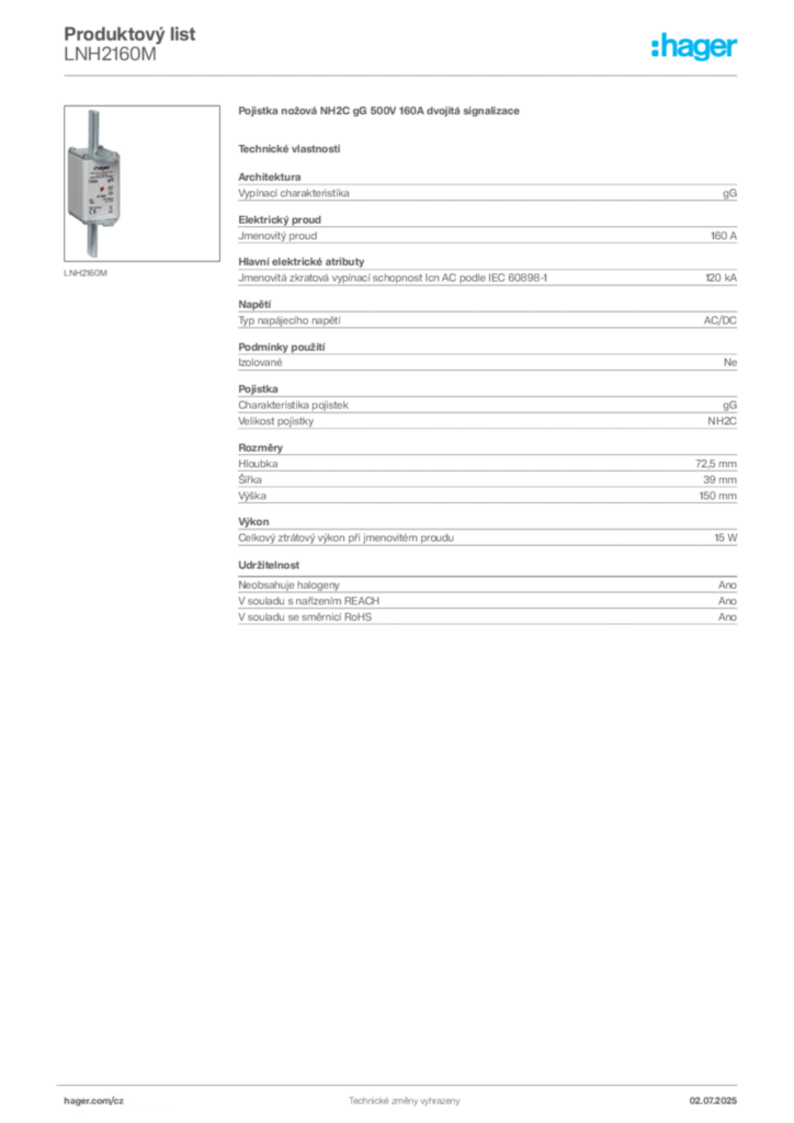 Obrázek Hager Produktový list LNH2160M | Hager