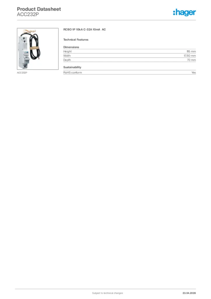 Image Hager Product data sheet ACC232P  | Hager Africa