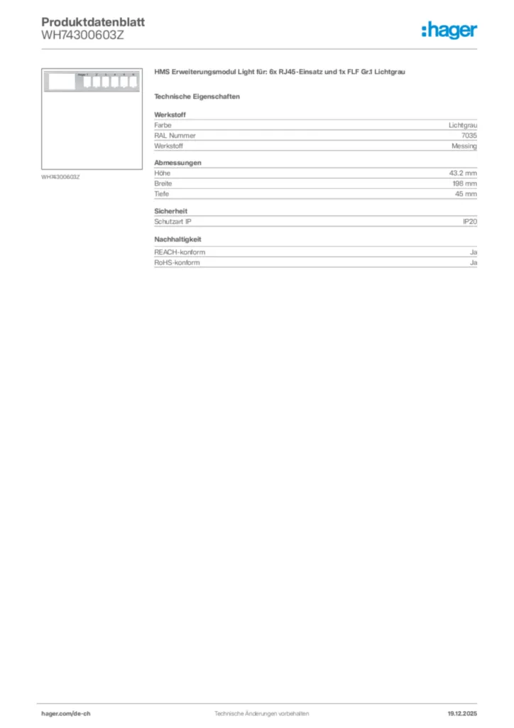 Bild Hager Produktdatenblatt WH74300603Z | Hager Schweiz