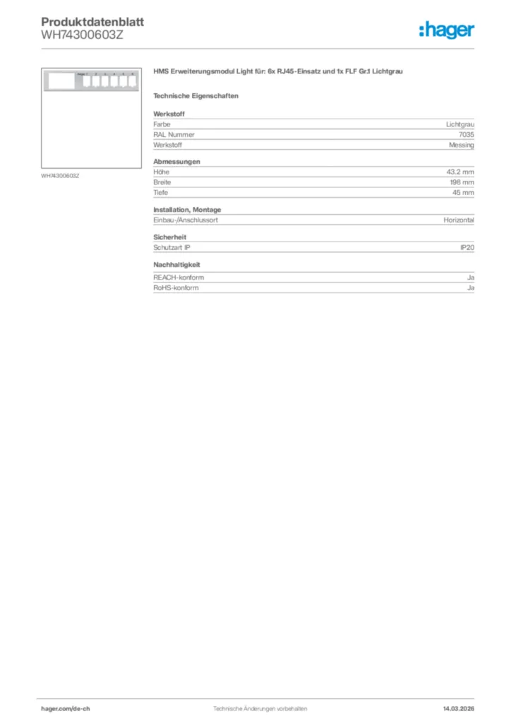 Bild Hager Produktdatenblatt WH74300603Z | Hager Schweiz