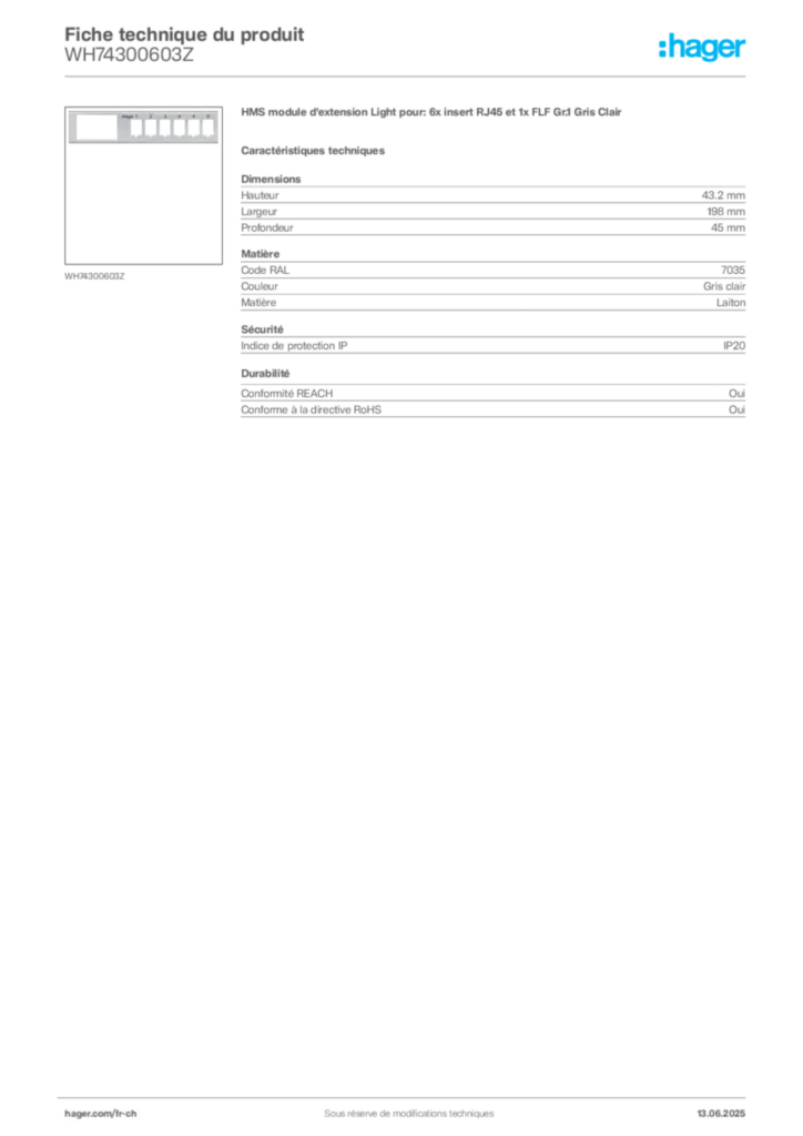 Image Hager Fiche technique du produit WH74300603Z | Hager Suisse