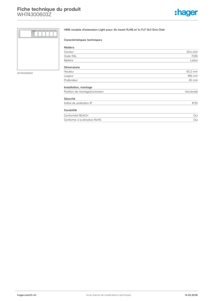 Image Hager Fiche technique du produit WH74300603Z | Hager Suisse