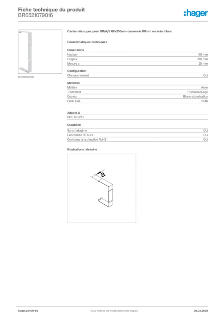 Image Hager Fiche technique du produit BR6521079016 | Hager Belgique