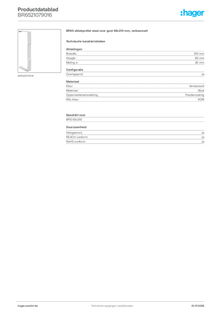 Afbeelding Hager Productdatablad BR6521079016 | Hager Belgium