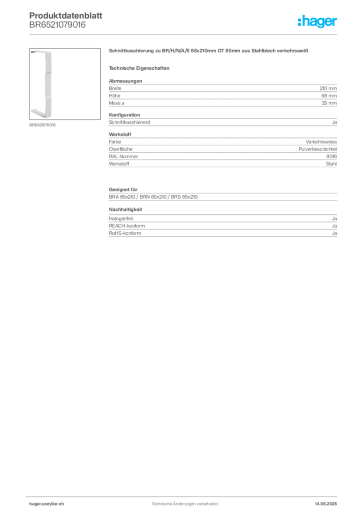Bild Hager Produktdatenblatt BR6521079016 | Hager Schweiz