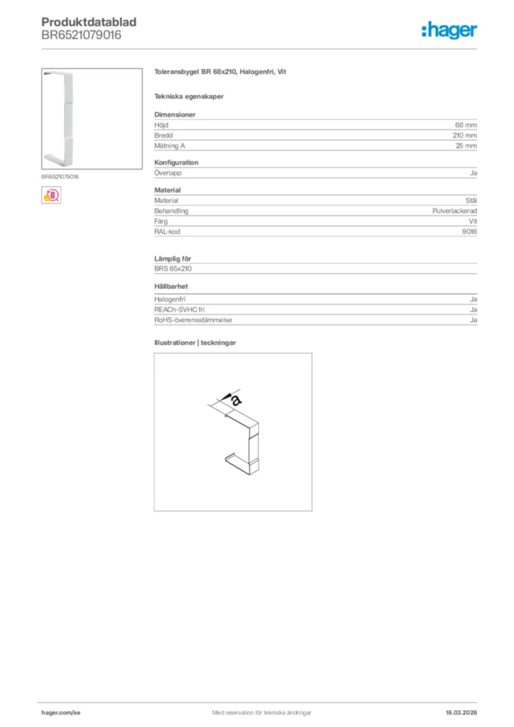 Bild Hager Produktdatablad BR6521079016 | Hager Sverige