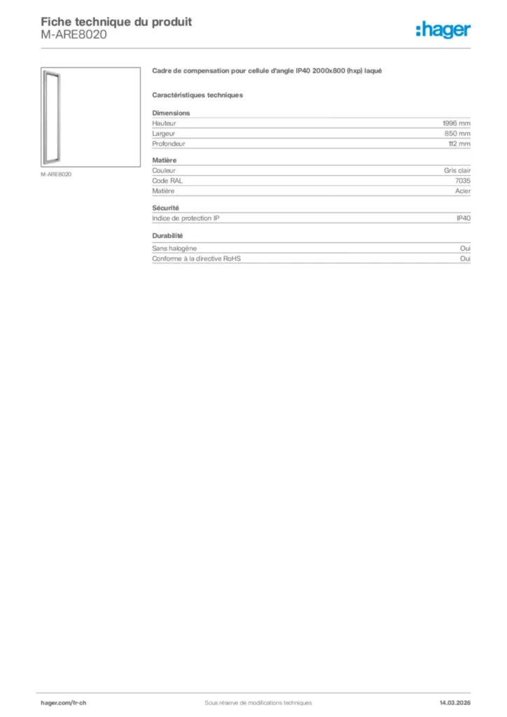 Image Hager Fiche technique du produit M-ARE8020 | Hager Suisse