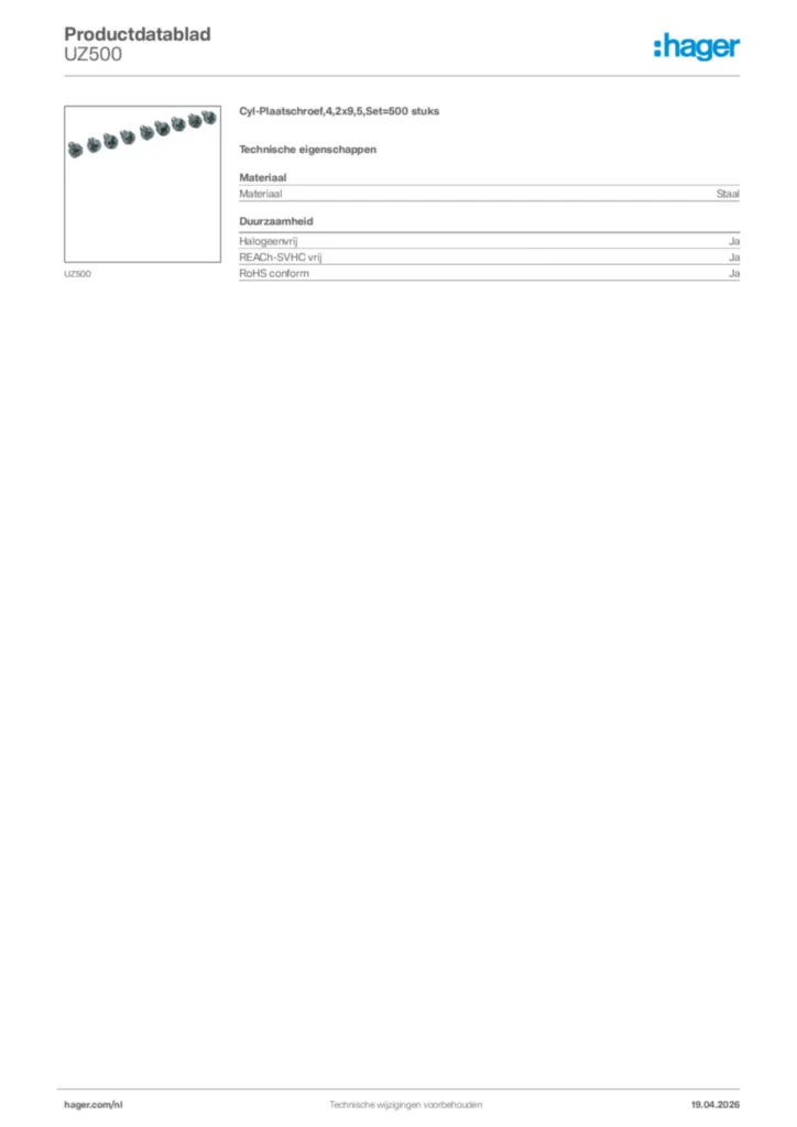 Afbeelding Hager Productdatablad UZ500 | Hager Nederland